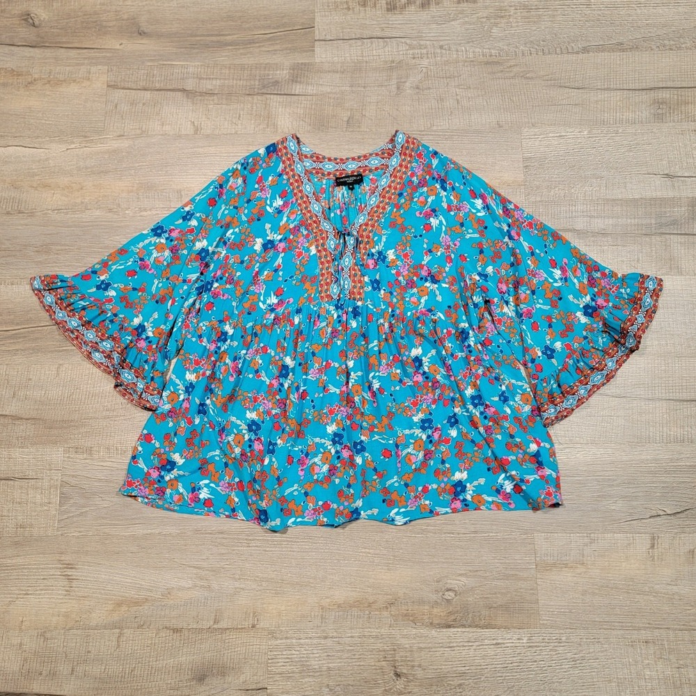 Cynthia Rowley Plus Size 1X Bell Sleeve Floral Colorful Boho Cottage Blouse Top